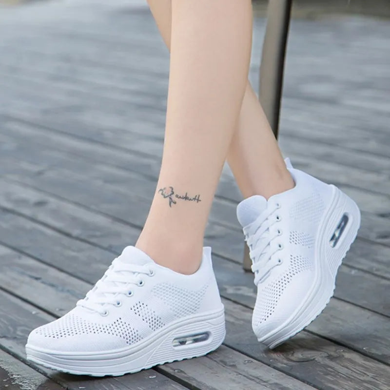 Women's Orthopedic Air Bubble Sneakers Mesh Lace-Up Cushioned Platform Casual Everyday Shoes - Lolly 