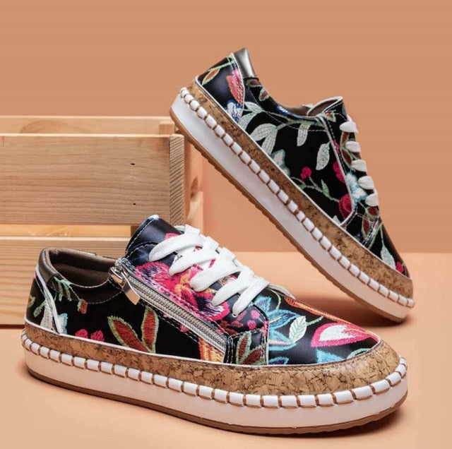 Women's Orthopedic Floral Print Espadrille Sneakers Lace-Up Arch Support Casual Everyday Shoes – Marley - Lolly 