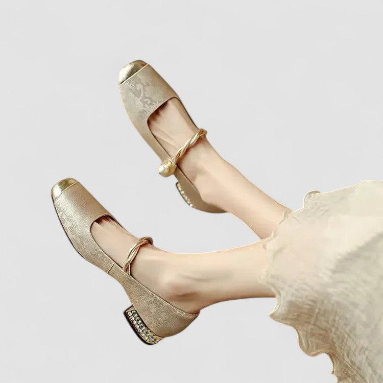 Women's Orthopedic Mary Jane Shoes Block Heel Shimmer Strap Vintage Elegant – Chrystahn - Lolly 