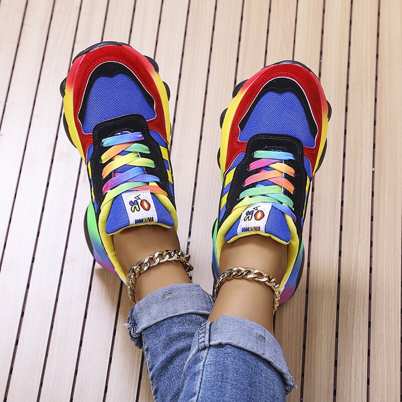 Women's Orthopedic Rainbow Chunky Sneakers Colorful Lace-Up Arch Support Casual Everyday Shoes – Marley - Lolly 