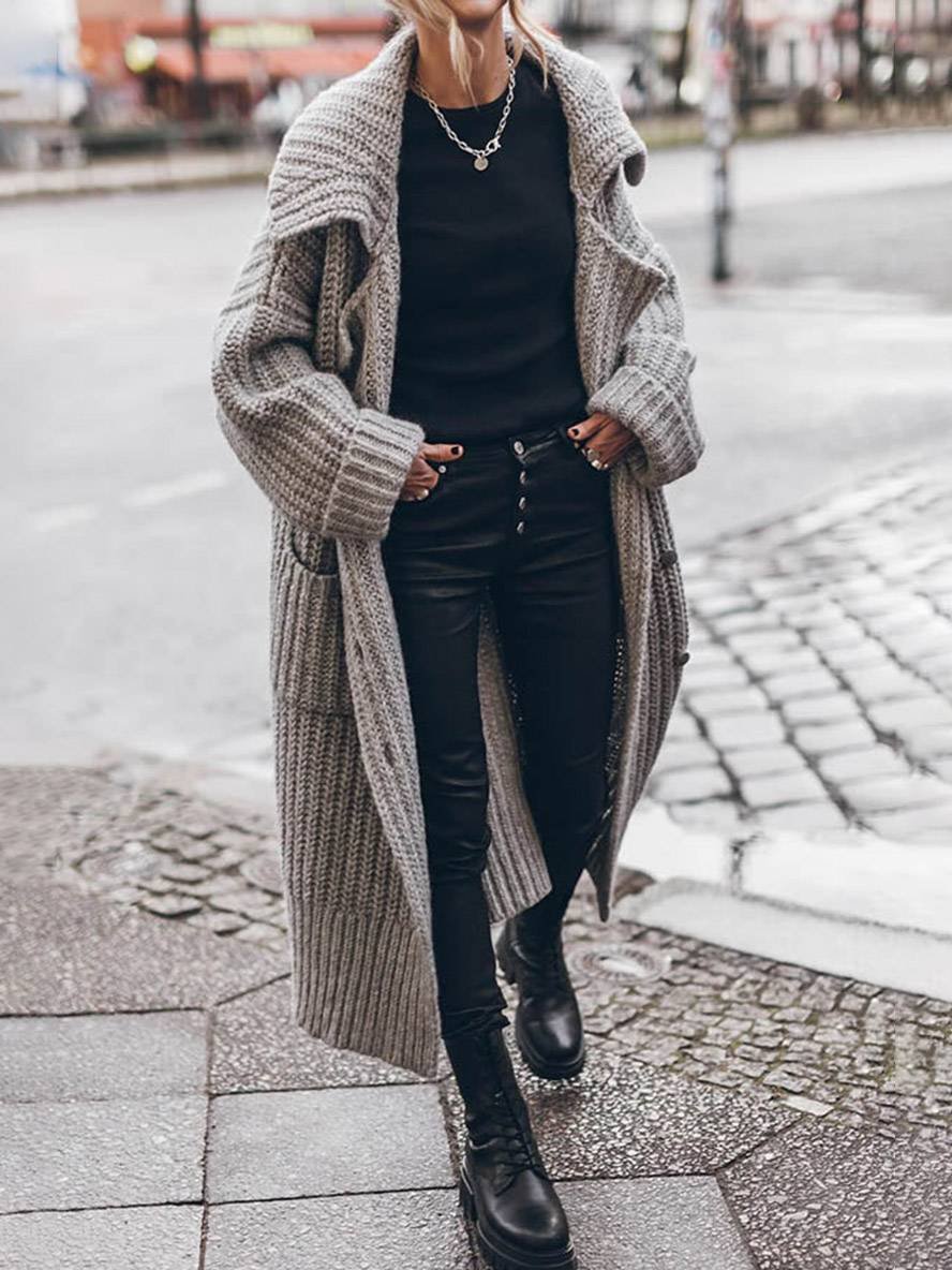 Women's Oversized Chunky Knit Longline Cardigan Drop Shoulder Lapel Winter Layering - Lolly 