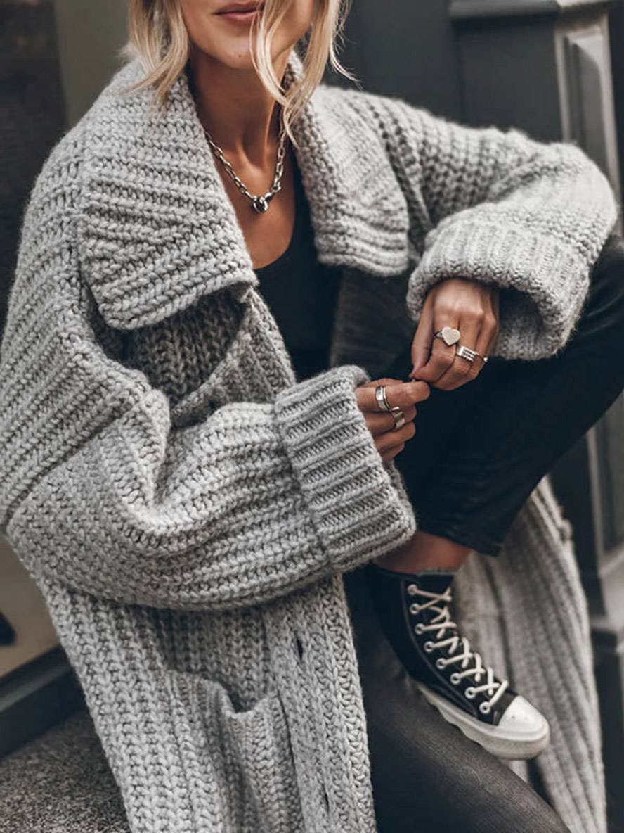 Women's Oversized Chunky Knit Longline Cardigan Drop Shoulder Lapel Winter Layering - Lolly 