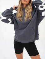 Women's Oversized Graphic Letter Hoodie Casual Streetwear Everyday Cozy Loose Fit Pullover Sweatshirt – Blue Grey - Lolly 