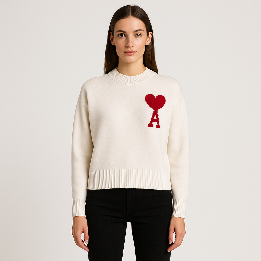 Women's Oversized Heart Ace Logo Knit Sweater Casual Everyday Cozy Streetwear Smart Casual Gift – Anely Cream Black Green - Lolly 