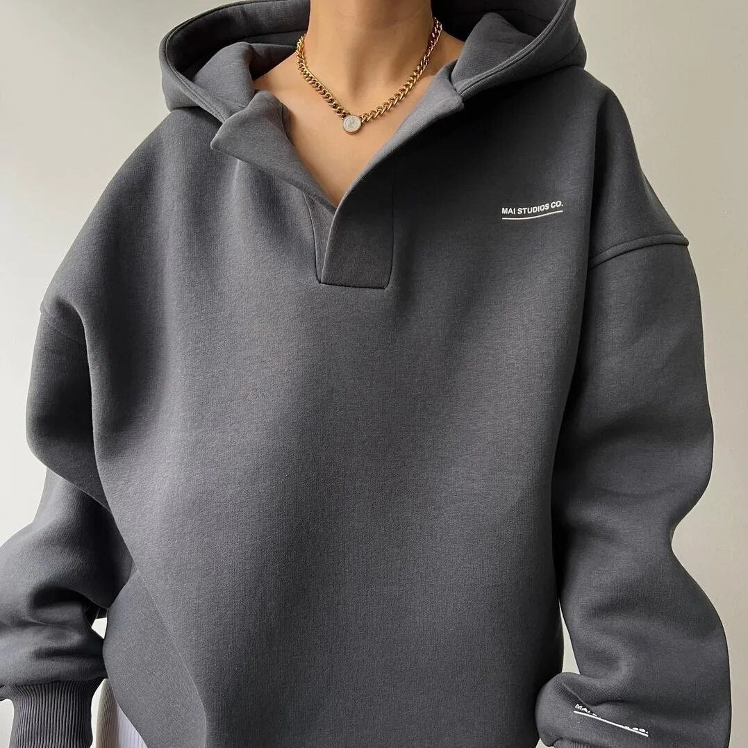 Women's Oversized Hoodie Sweatshirt V-Neck Collar Casual Pullover Loungewear - Lolly 