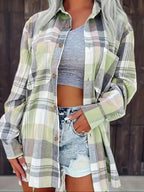 Women's Oversized Plaid Flannel Shirt Open-Front Cardigan Long Sleeve Casual Layering - Lolly 