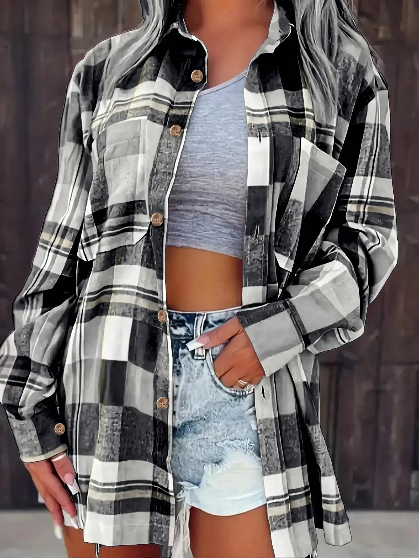 Women's Oversized Plaid Flannel Shirt Open-Front Cardigan Long Sleeve Casual Layering - Lolly 