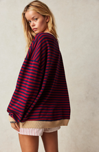Women's Oversized Striped Sweatshirt Drop Shoulder Contrast Neon Trim Casual Pullover - Lolly 