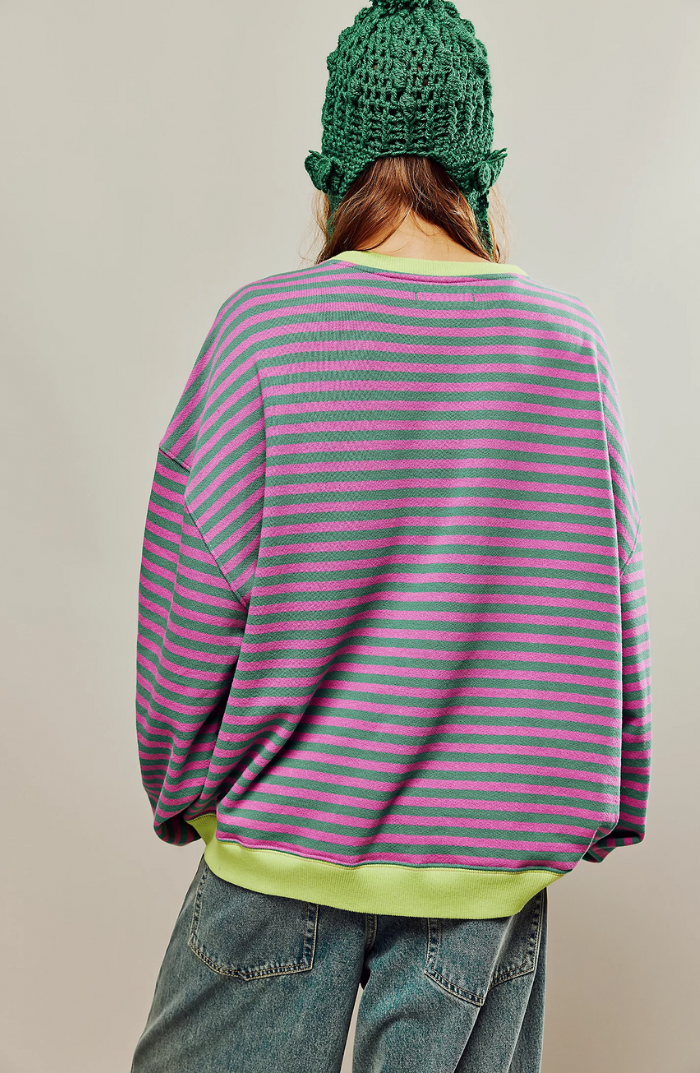 Women's Oversized Striped Sweatshirt Drop Shoulder Contrast Neon Trim Casual Pullover - Lolly 