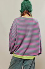 Women's Oversized Striped Sweatshirt Drop Shoulder Contrast Neon Trim Casual Pullover - Lolly 