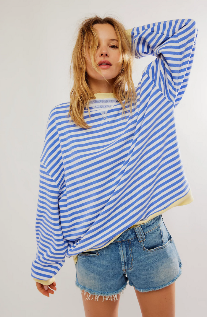 Women's Oversized Striped Sweatshirt Drop Shoulder Contrast Neon Trim Casual Pullover - Lolly 