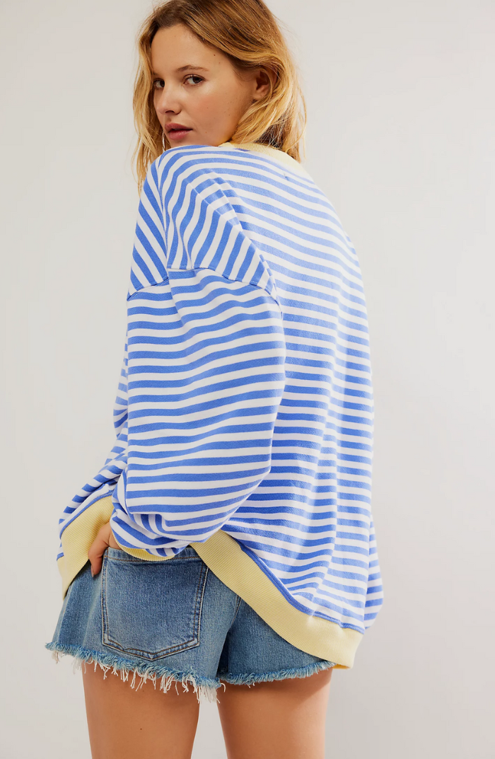 Women's Oversized Striped Sweatshirt Drop Shoulder Contrast Neon Trim Casual Pullover - Lolly 