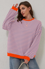 Women's Oversized Striped Sweatshirt Drop Shoulder Contrast Neon Trim Casual Pullover - Lolly 