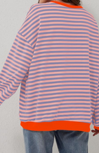 Women's Oversized Striped Sweatshirt Drop Shoulder Contrast Neon Trim Casual Pullover - Lolly 