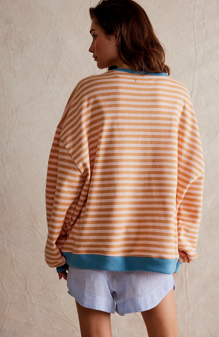Women's Oversized Striped Sweatshirt Drop Shoulder Contrast Neon Trim Casual Pullover - Lolly 