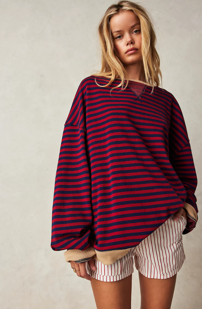 Women's Oversized Striped Sweatshirt Drop Shoulder Contrast Neon Trim Casual Pullover - Lolly 