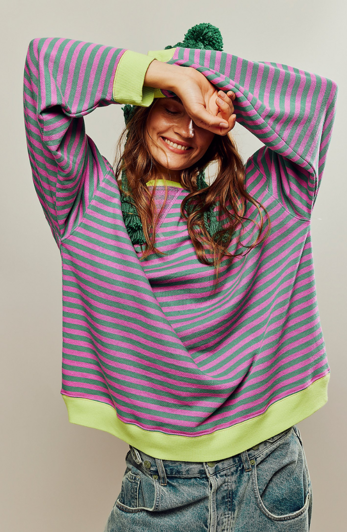 Women's Oversized Striped Sweatshirt Drop Shoulder Contrast Neon Trim Casual Pullover - Lolly 