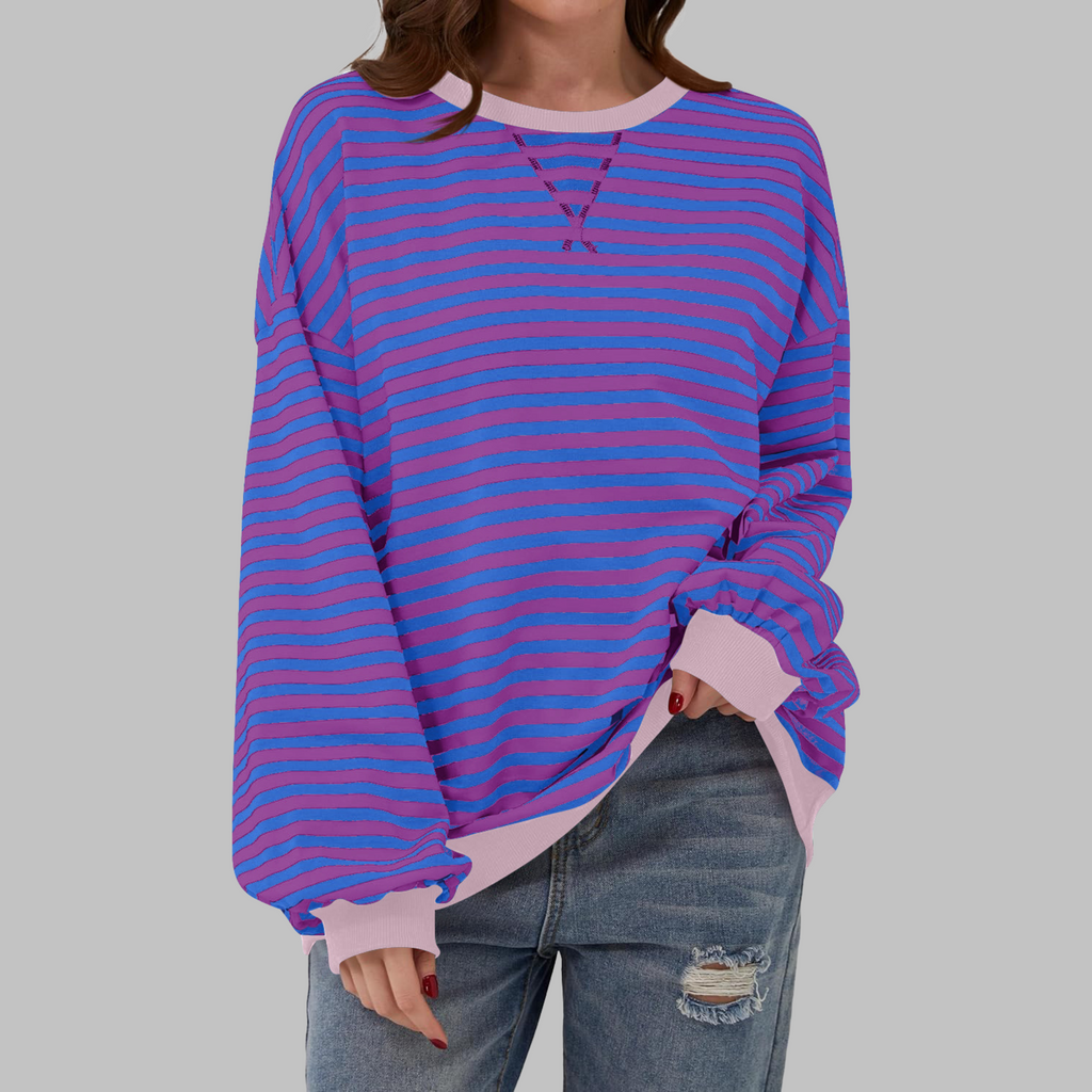 Women's Oversized Striped Sweatshirt Long Sleeve Crewneck Casual Pullover - Lolly 