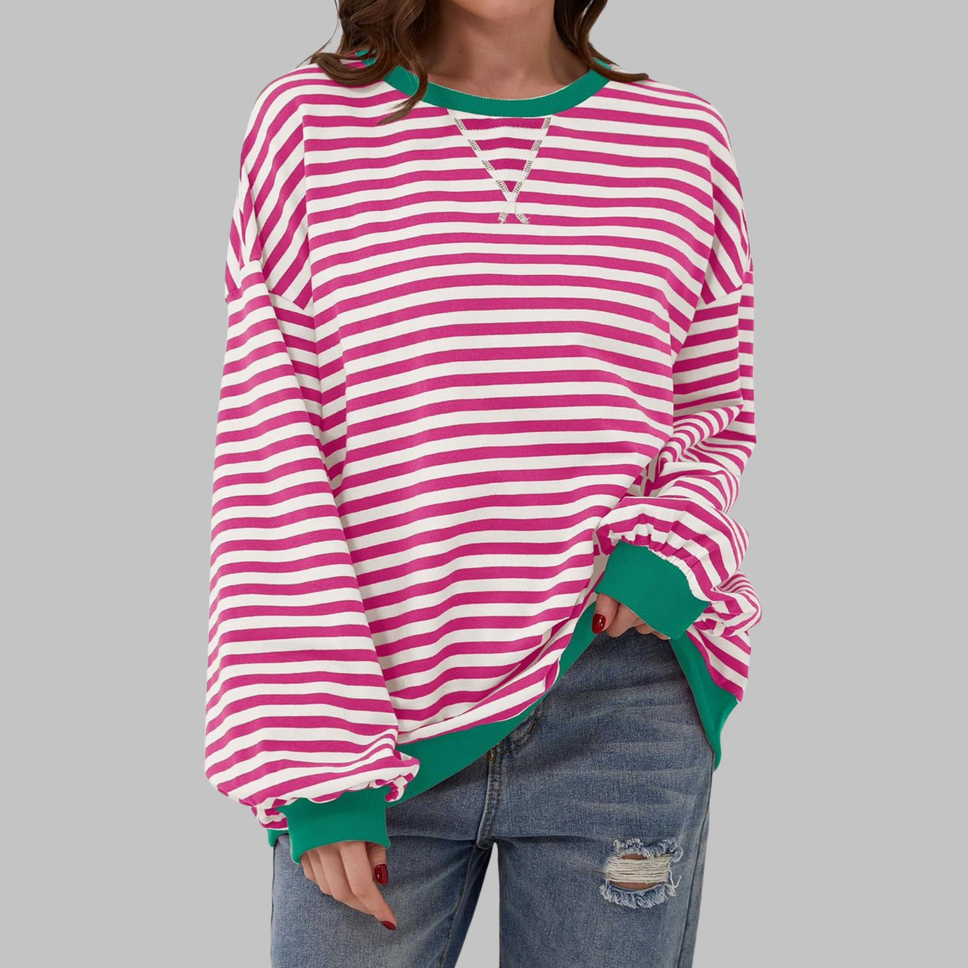 Women's Oversized Striped Sweatshirt Long Sleeve Crewneck Casual Pullover - Lolly 