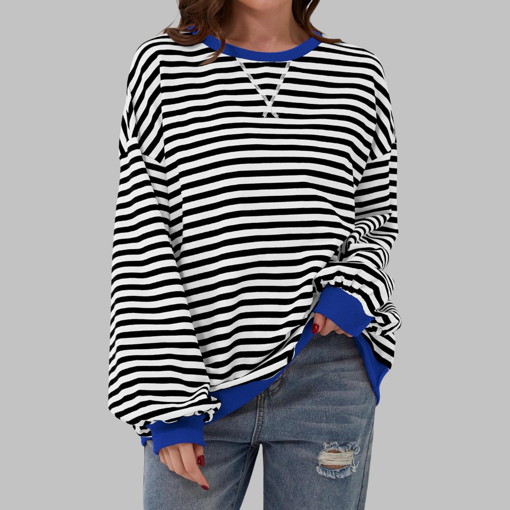 Women's Oversized Striped Sweatshirt Long Sleeve Crewneck Casual Pullover - Lolly 