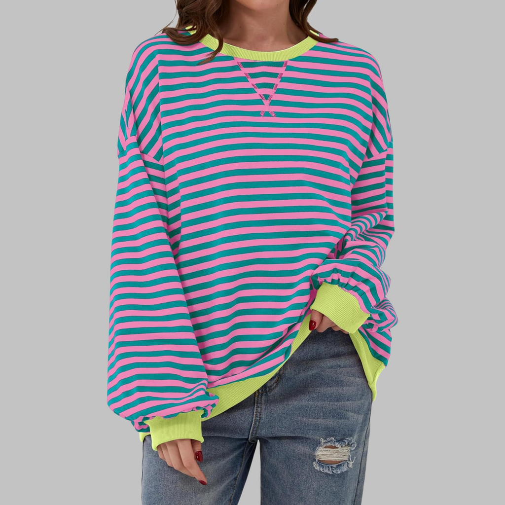 Women's Oversized Striped Sweatshirt Long Sleeve Crewneck Casual Pullover - Lolly 