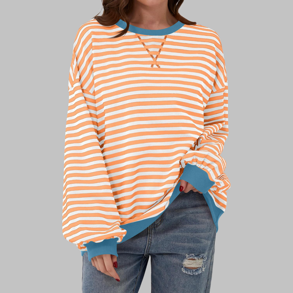 Women's Oversized Striped Sweatshirt Long Sleeve Crewneck Casual Pullover - Lolly 