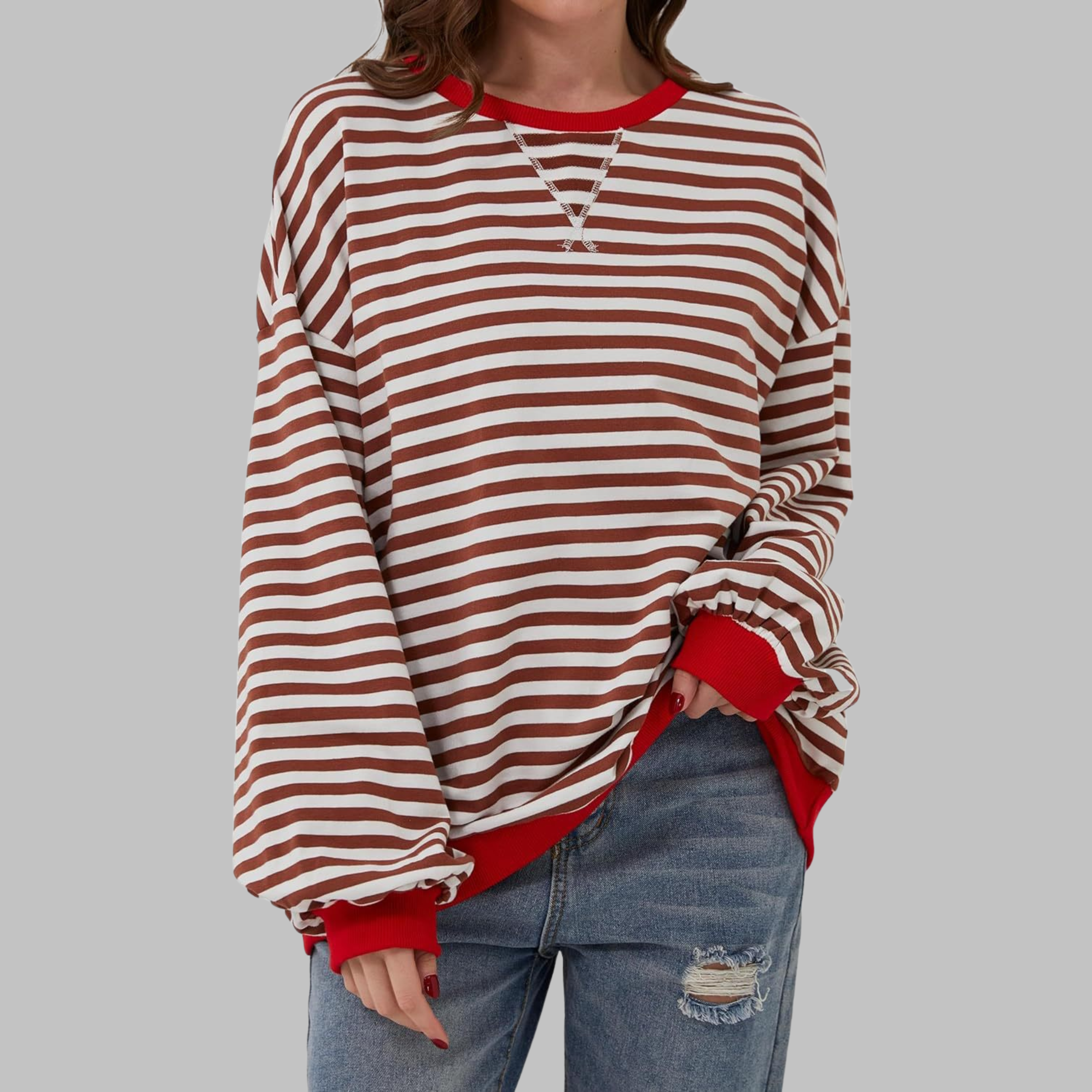 Women's Oversized Striped Sweatshirt Long Sleeve Crewneck Casual Pullover - Lolly 