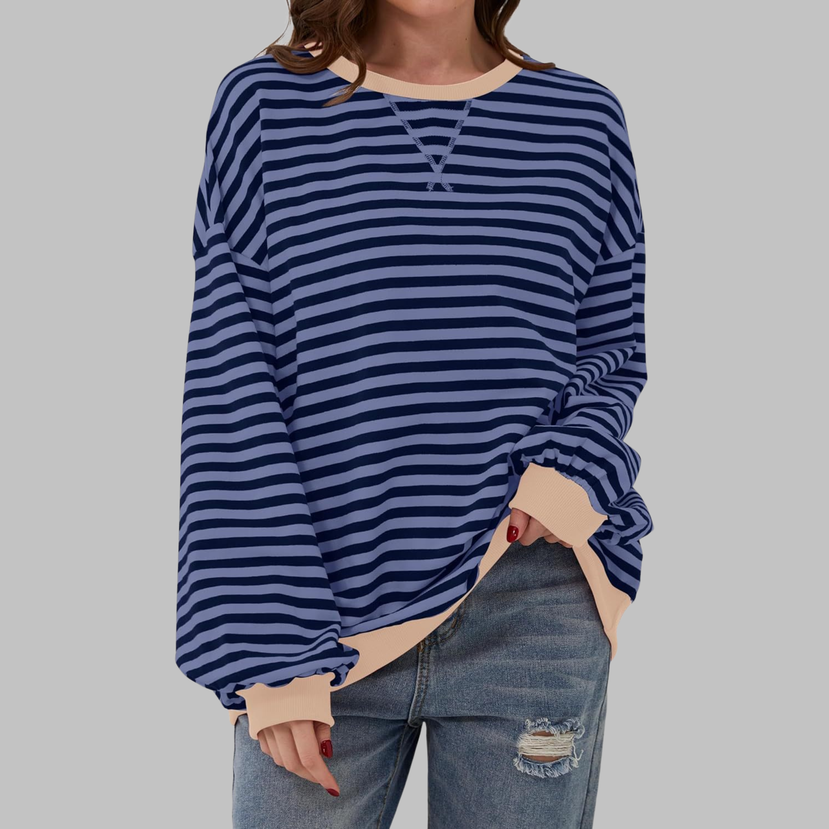 Women's Oversized Striped Sweatshirt Long Sleeve Crewneck Casual Pullover - Lolly 