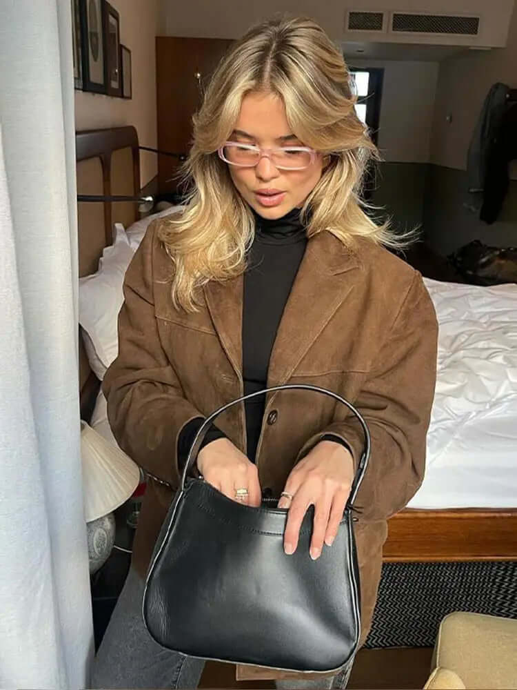 Women's Oversized Suede Blazer Jacket Casual Fall Outerwear - Lolly 