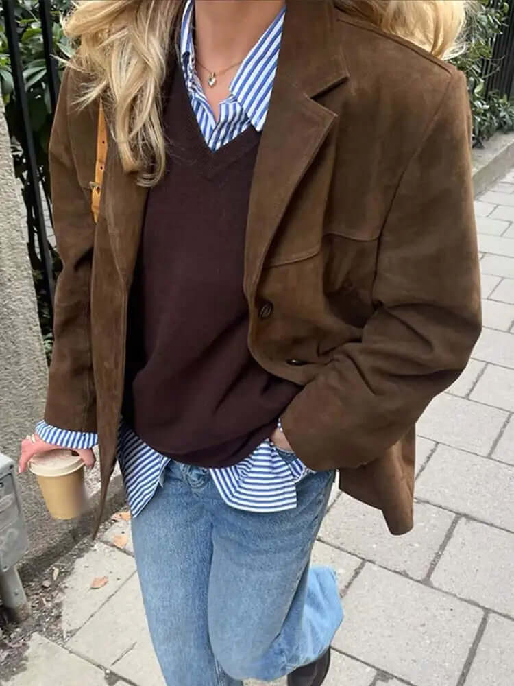 Women's Oversized Suede Blazer Jacket Casual Fall Outerwear - Lolly 