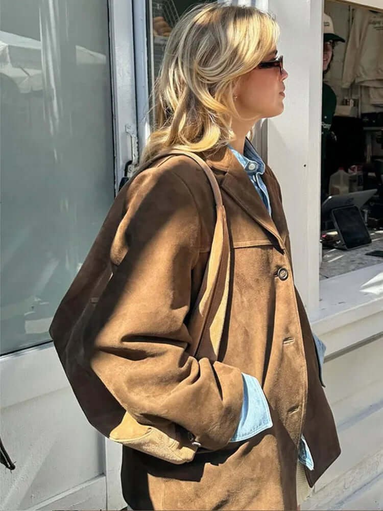 Women's Oversized Suede Blazer Jacket Casual Fall Outerwear - Lolly 