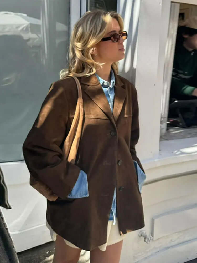 Women's Oversized Suede Blazer Jacket Casual Fall Outerwear - Lolly 