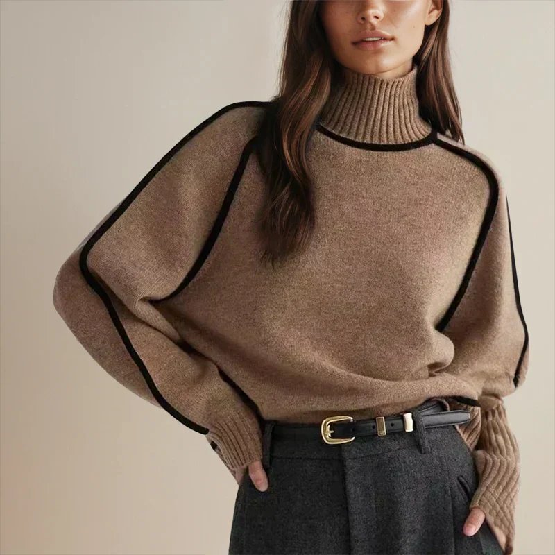 Women's Oversized Turtleneck Colorblock Knit Sweater Casual Winter Pullover - Lolly 