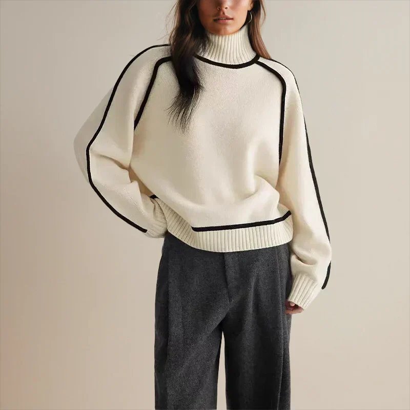 Women's Oversized Turtleneck Colorblock Knit Sweater Casual Winter Pullover - Lolly 