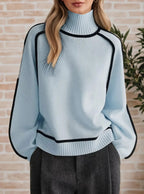 Women's Oversized Turtleneck Colorblock Knit Sweater Casual Winter Pullover - Lolly 