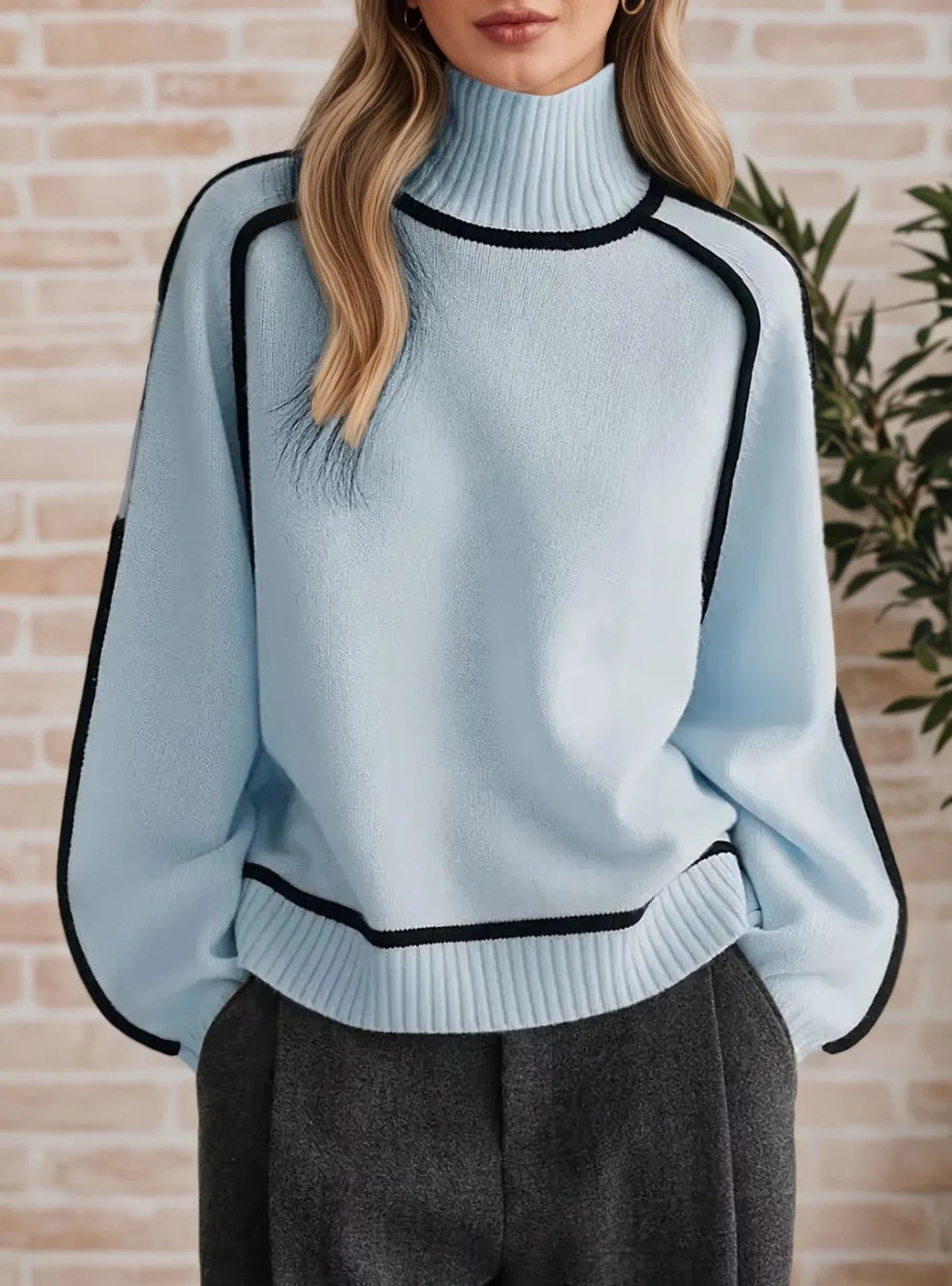 Women's Oversized Turtleneck Colorblock Knit Sweater Casual Winter Pullover - Lolly 