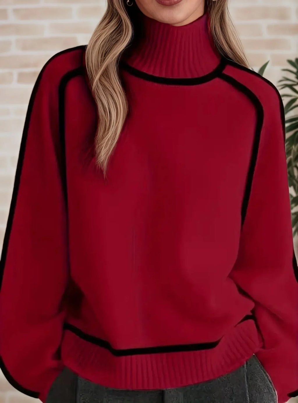 Women's Oversized Turtleneck Colorblock Knit Sweater Casual Winter Pullover - Lolly 