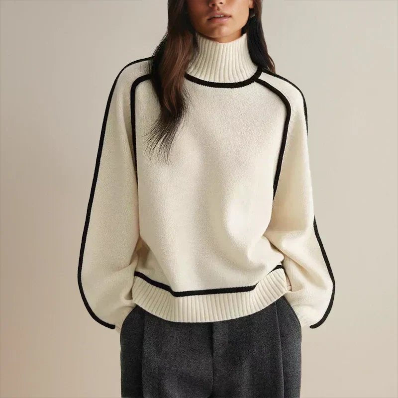 Women's Oversized Turtleneck Colorblock Knit Sweater Casual Winter Pullover - Lolly 