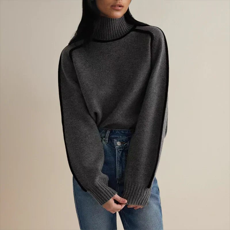 Women's Oversized Turtleneck Colorblock Knit Sweater Casual Winter Pullover - Lolly 