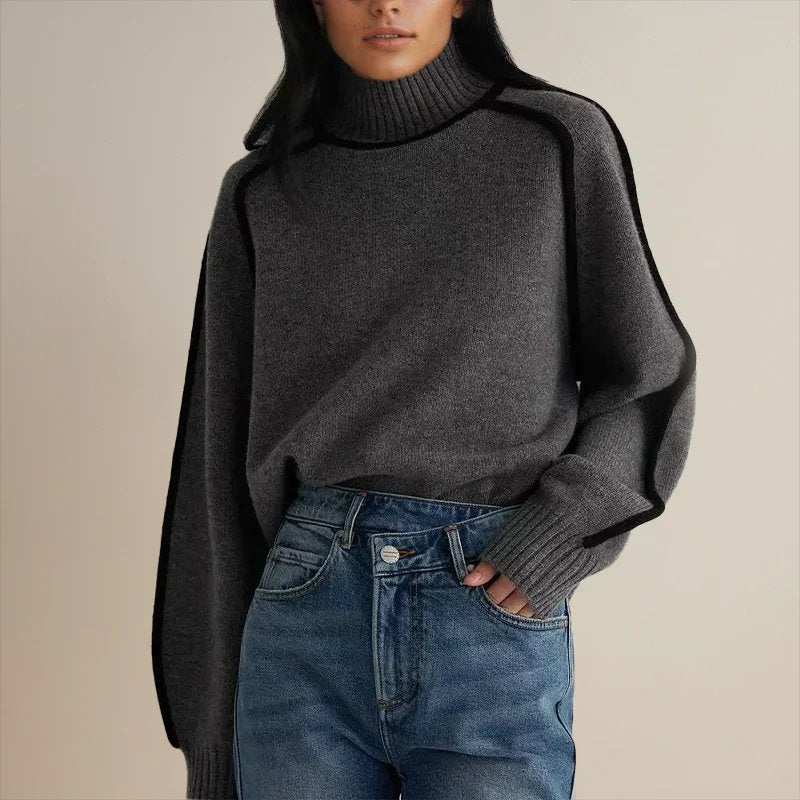 Women's Oversized Turtleneck Colorblock Knit Sweater Casual Winter Pullover - Lolly 
