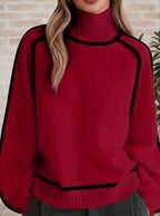 Women's Oversized Turtleneck Colorblock Knit Sweater Cozy Ribbed Pullover Casual Winter - Lolly 