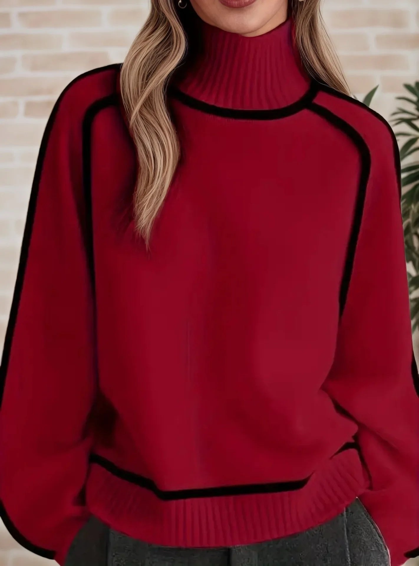 Women's Oversized Turtleneck Colorblock Knit Sweater Cozy Ribbed Pullover Casual Winter - Lolly 