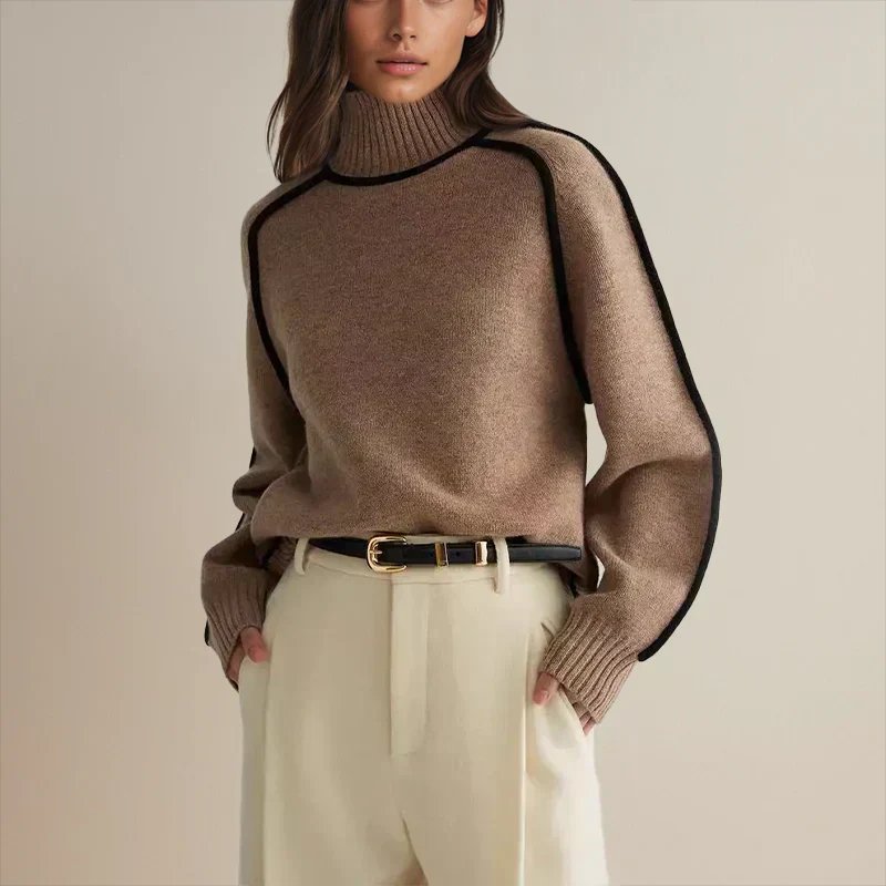 Women's Oversized Turtleneck Colorblock Knit Sweater Cozy Ribbed Pullover Casual Winter - Lolly 