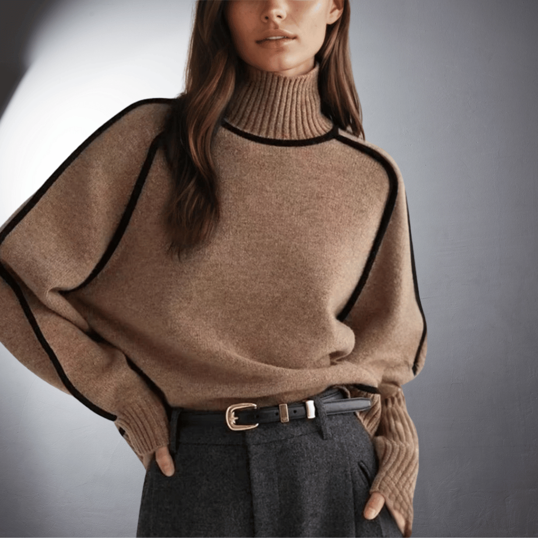 Women's Oversized Turtleneck Sweater Contrast Trim Knit Pullover Casual Winter - Lolly 