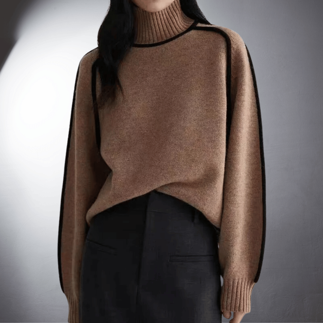 Women's Oversized Turtleneck Sweater Contrast Trim Knit Pullover Casual Winter - Lolly 