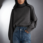 Women's Oversized Turtleneck Sweater Contrast Trim Knit Pullover Casual Winter - Lolly 