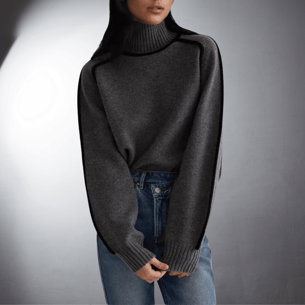 Women's Oversized Turtleneck Sweater Contrast Trim Knit Pullover Casual Winter - Lolly 