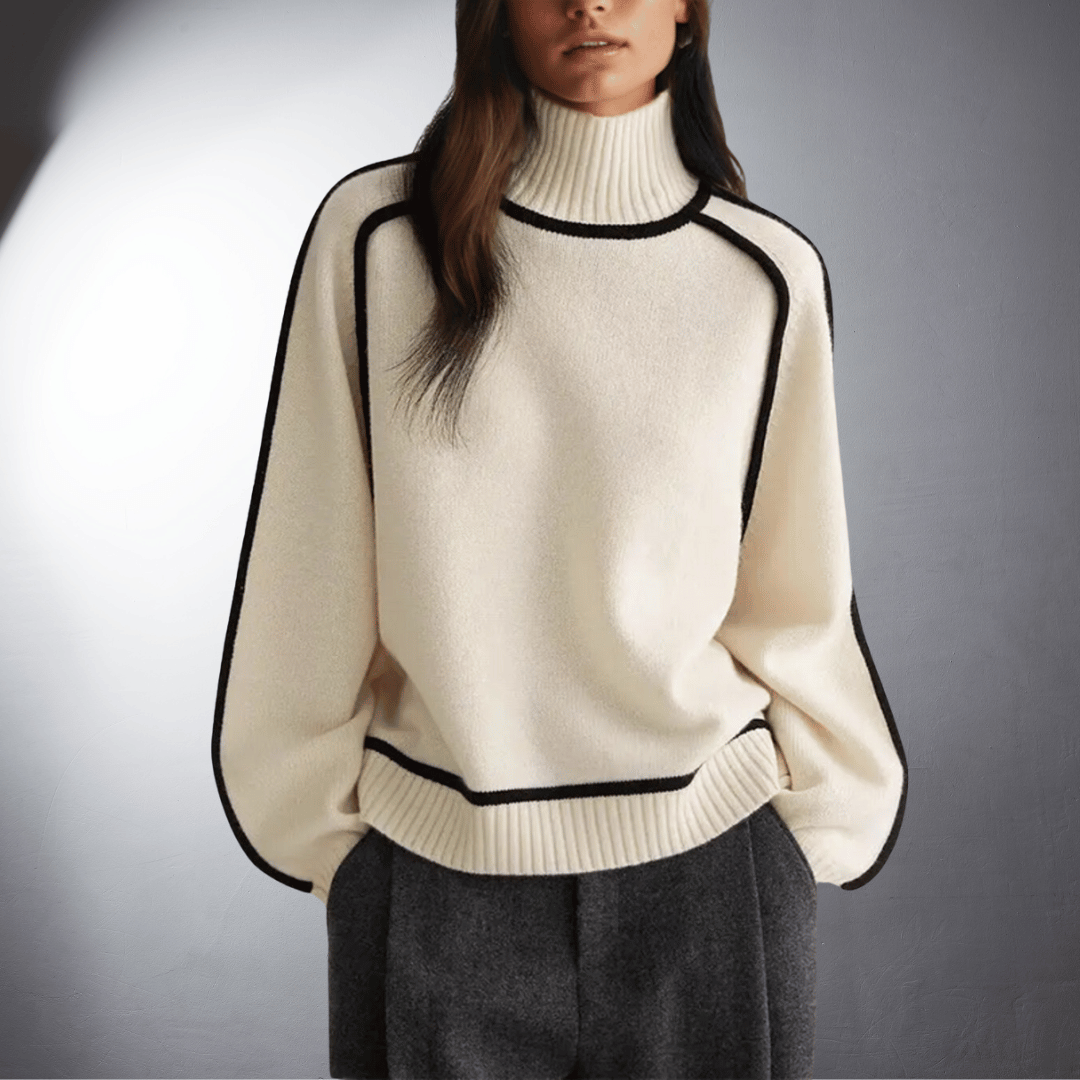 Women's Oversized Turtleneck Sweater Contrast Trim Knit Pullover Casual Winter - Lolly 