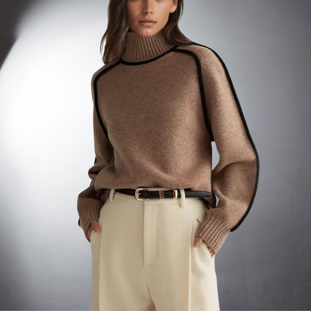 Women's Oversized Turtleneck Sweater Contrast Trim Knit Pullover Casual Winter - Lolly 