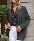 Women's Oversized V-Neck Cardigan Button-Up Ribbed Knit Casual Winter Sweater - Lolly 